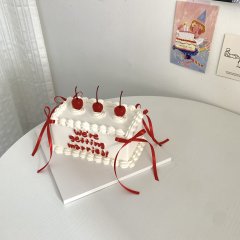 직사각 체리 장식 리본 케이크 1